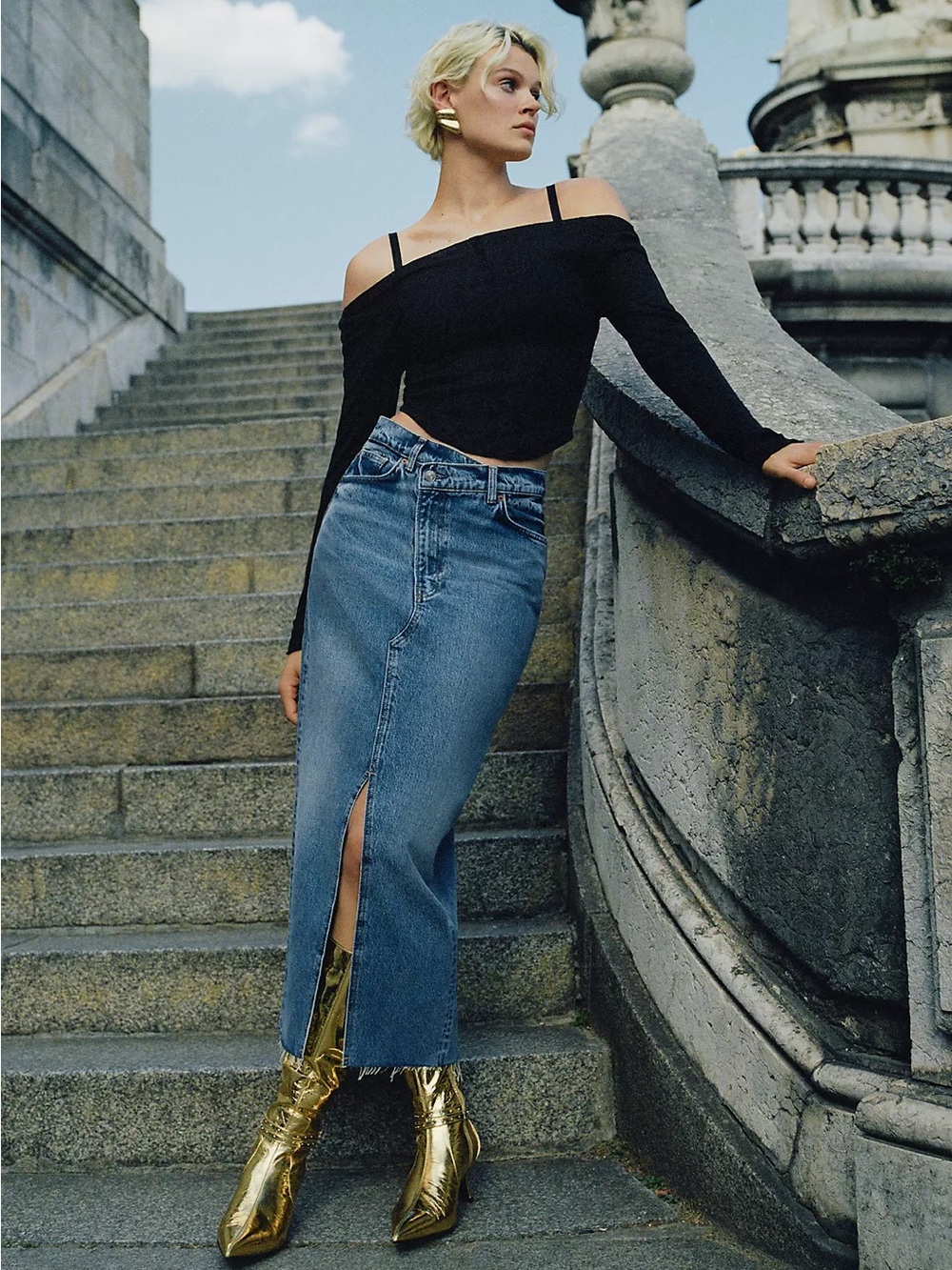 Reformation Nila Blue Denim Midi Skirt with Front Slit ❤️❤️